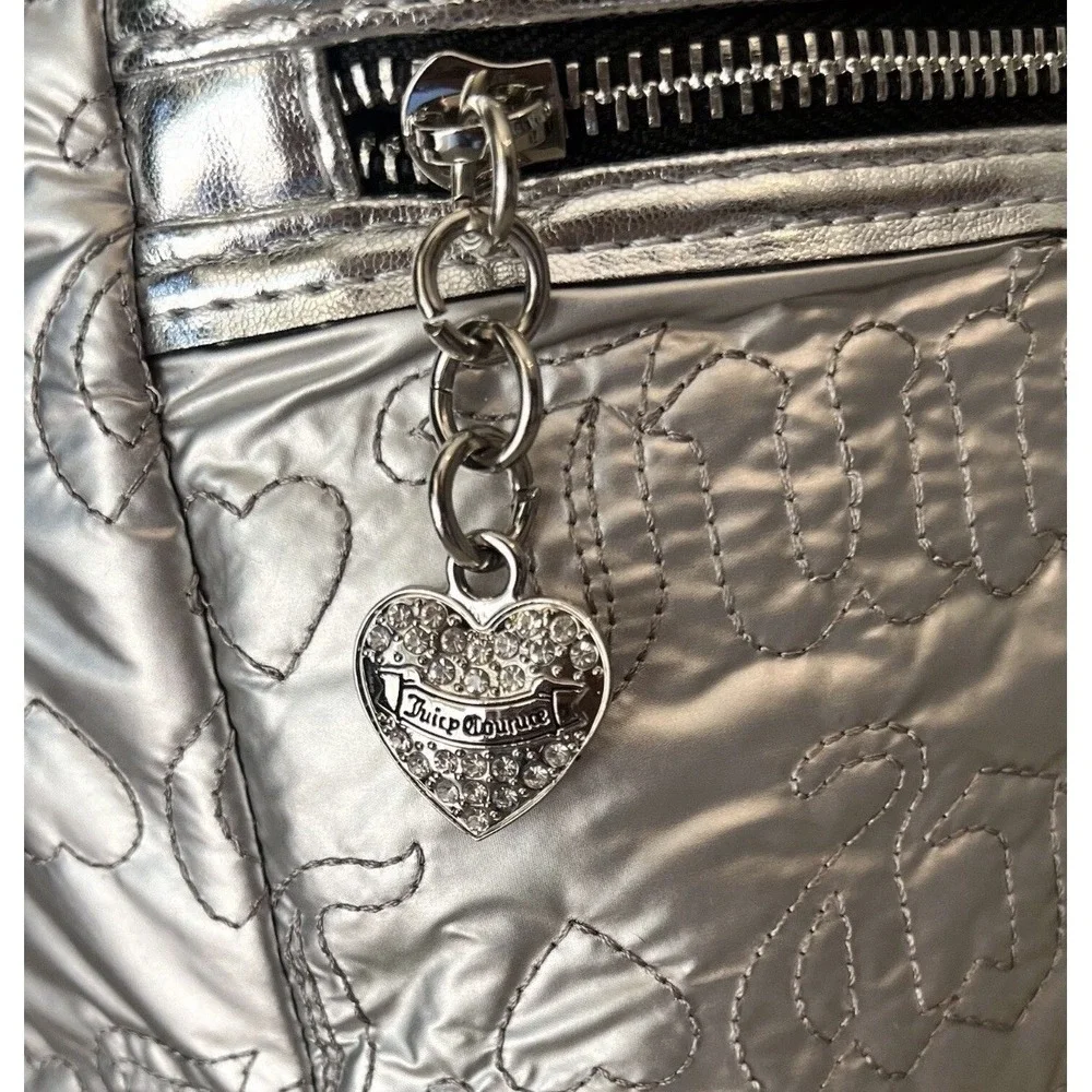 Juicy Couture Metallic Silver Quilted Logo‎ Backpack Rhinestone JC Heart Y2K NEW